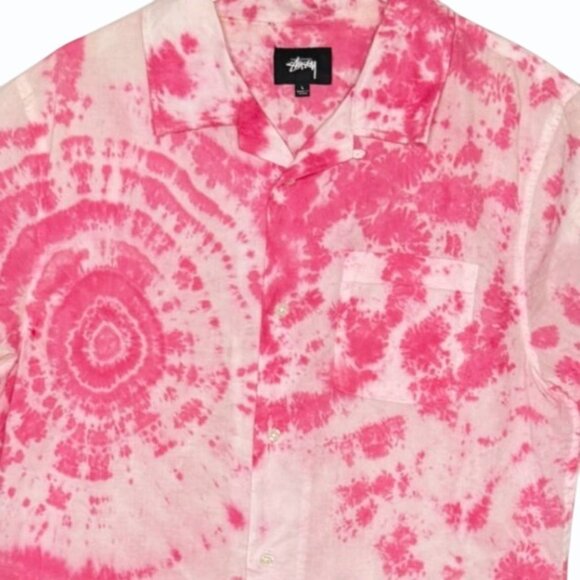 Stussy Mens Tie Dye Button Front Shirt Size L Allover Print Pink Streetwear - Picture 2 of 8